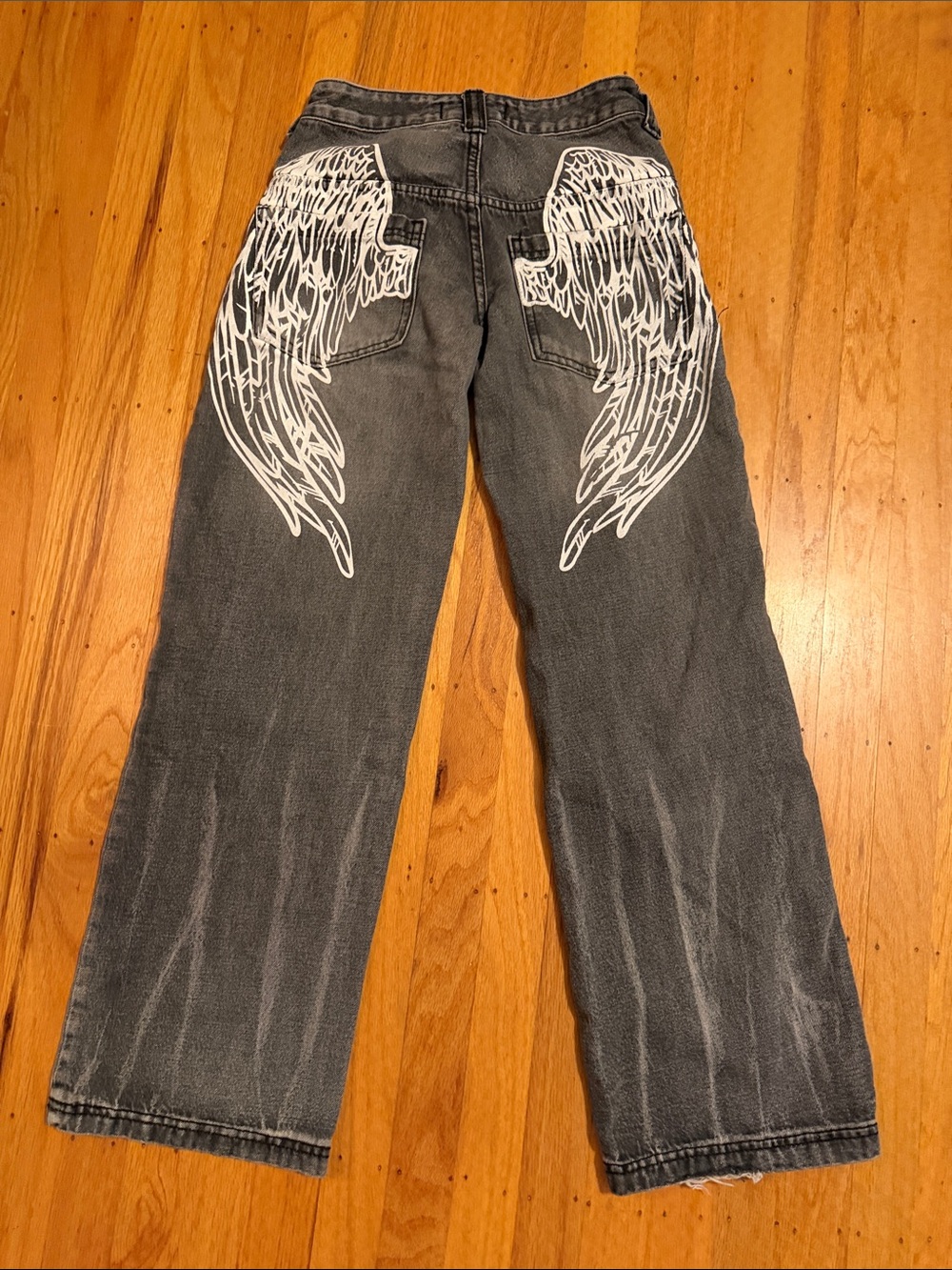 Juniors Wide Leg Jeans with White Wing Pocket Graphics